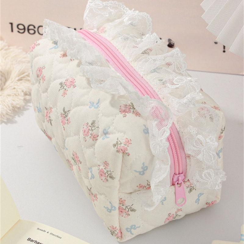 Ruffled Edge Bowknot Floral Print Makeup Bags Large Capacity Quilting Pen Bags Women Cosmetic Storage Bag Travel Wash Bag Clutch