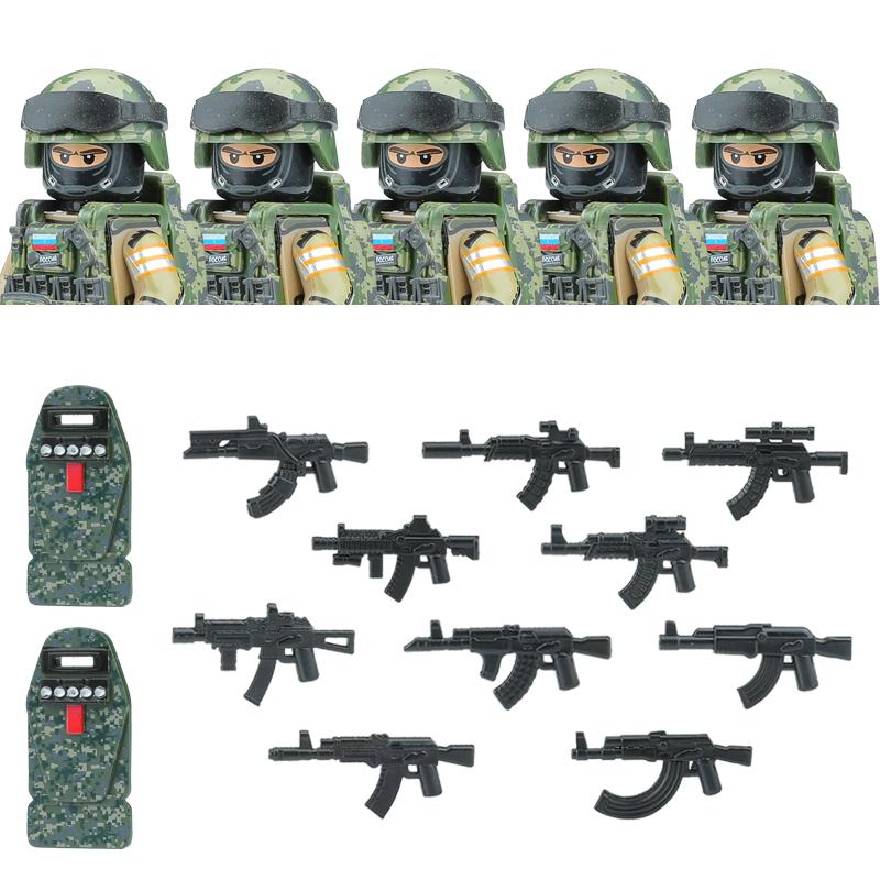 Non-Toxic City Police Russia Commando Fsb Special Forces Figures Building Blocks Green Camouflage Shield Army Soldier Military Weapon Toys