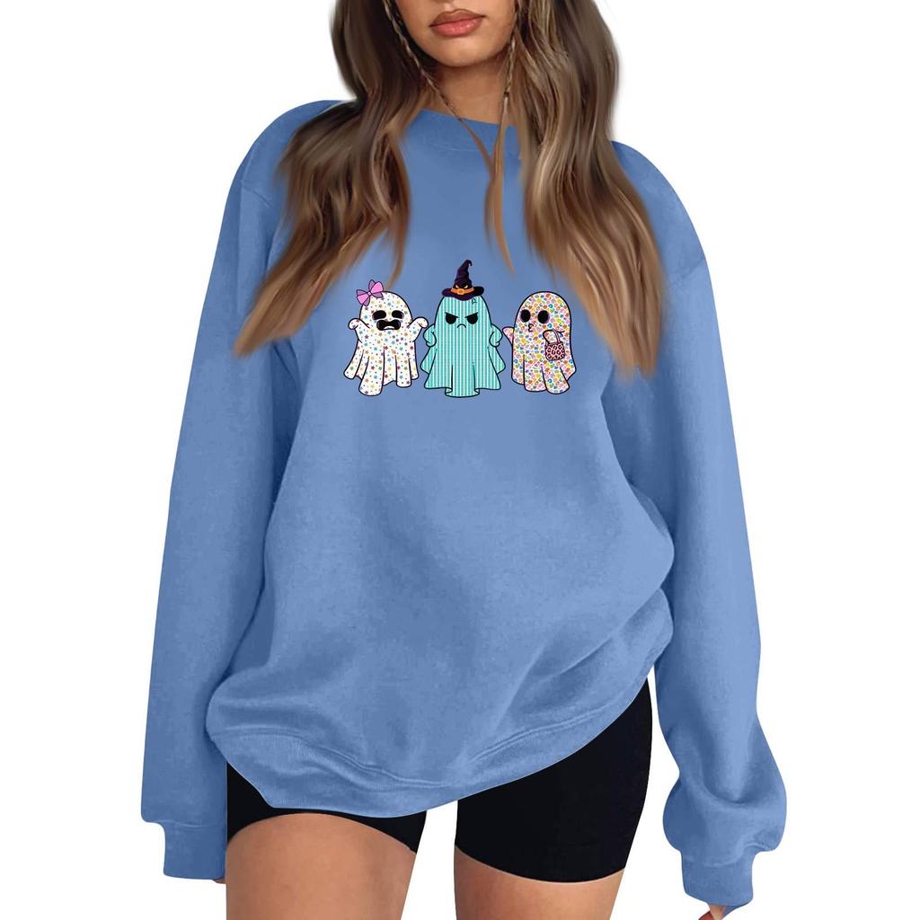 Women's Neck Long Sleeve Comfy Sweatshirt Casual Loose Fit Color Halloween Print Pullover