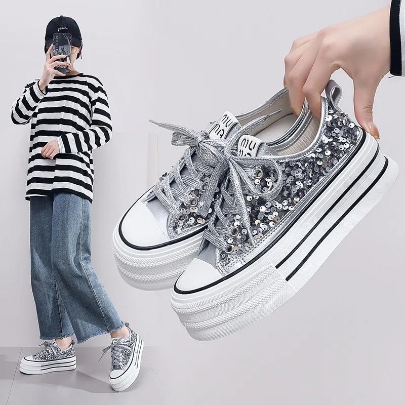 Women Canvas Vulcanized Shoes 2024 New Student Sequins With Thick Bottom Flats Running Shoes Sequin Female Casual Sneakers