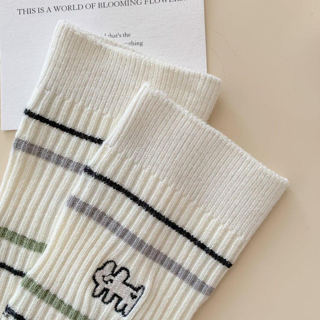 Cartoon Puppy Embroidery Cute Socks Women Autumn and Winter Middle Tube Socks Korean Striped Cotton Knitted Elastic Long Socks