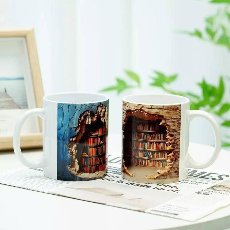 Library 3d Bookshelf Pattern Mug Old Book Water Cup Drinking Ceramic Cups Gift