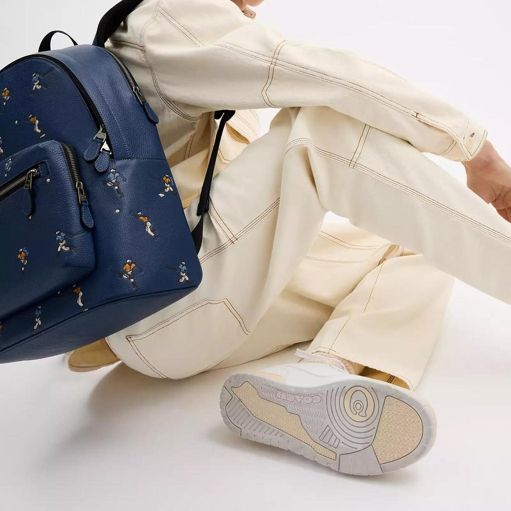 Coach 32 Brand Logo Baseball Print Litchi Grain Leather Backpack Large Men Backpack Blue CAX47-QBRHY