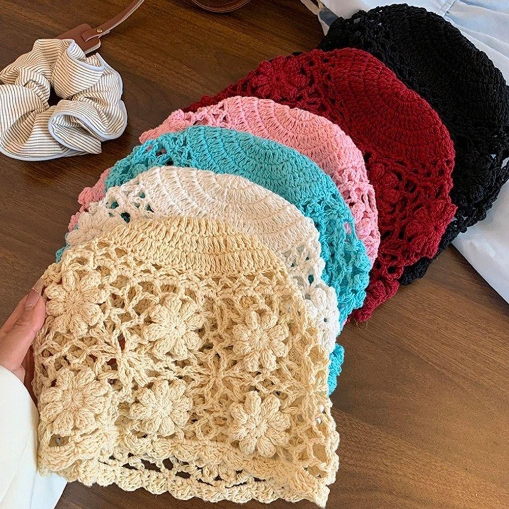 Weave Crochet Flower Hat Handmade Beanies Cap Ethnic Knit Basin Caps  Girls