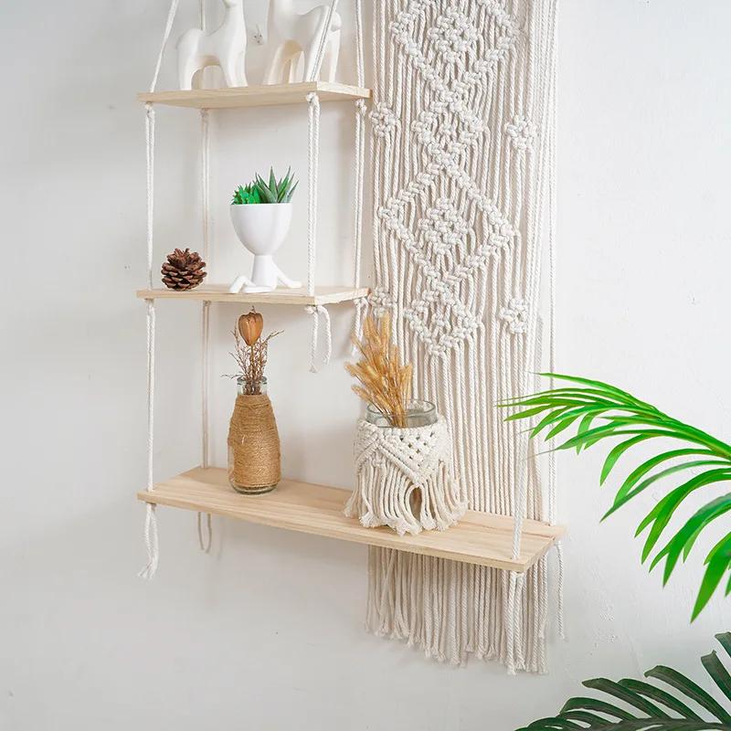 Boho Macrame Wall Hanging Shelf 3 Tier Handmade Weven Wood Organizer Półki Ścienne Pływający Wieszak Na Rośliny Do Wystroju Domu
