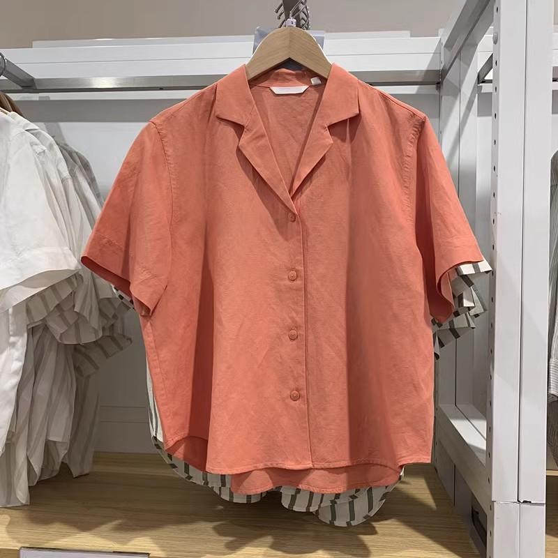 1116 Spring and Summer New Women's Hemp Blended Open Neck Shirt Fashion Short Sleeve Casual Shirt Top Women's 171611