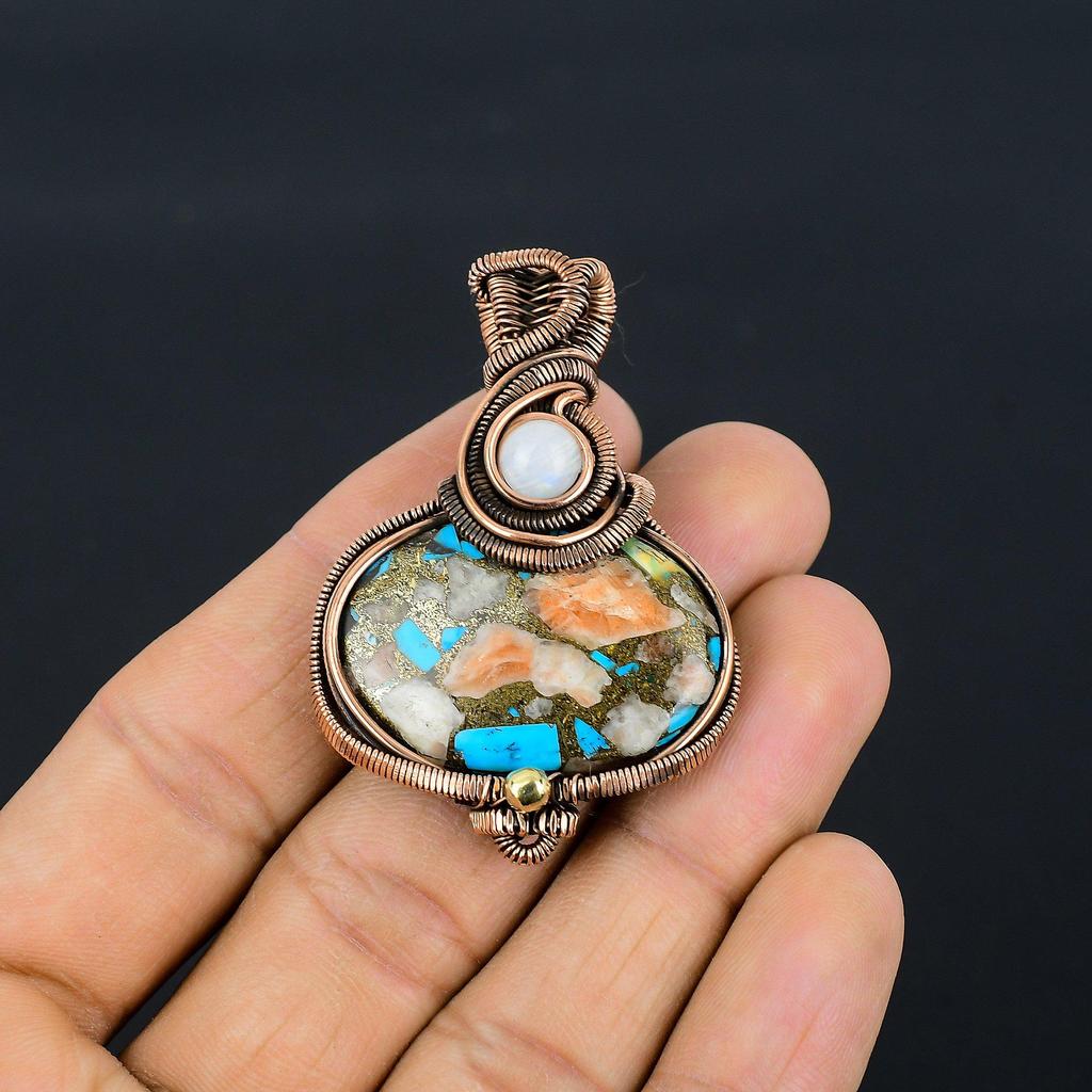 Multi Copper Spiny Oyster Pendant, Handmade Gemstone 999 Copper Wire Wrapped Pendant Antique Jewelry, For Gift Silver Jewelry