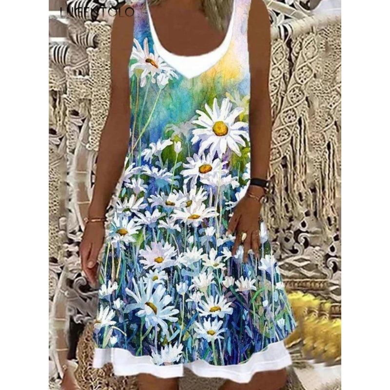Women Summer Dress Large Size Sleeveless Print Loose Lady Casual Round Neck L