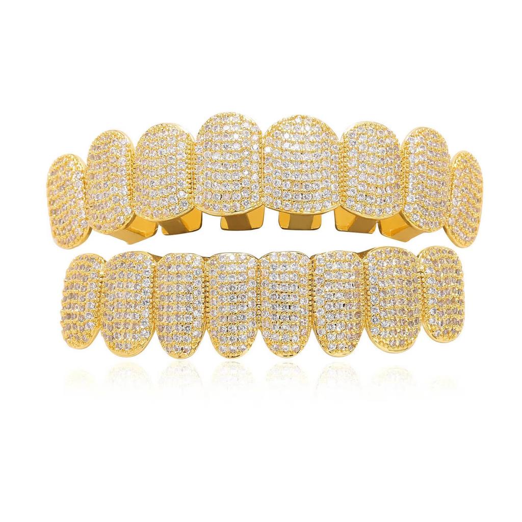 Grillz Denti in Zirconia Iced Out Micro Pavé Zirconia Cubica Superiore e Inferiore Due Denti Grillz Superiore per Uomo Gioielli Rapper