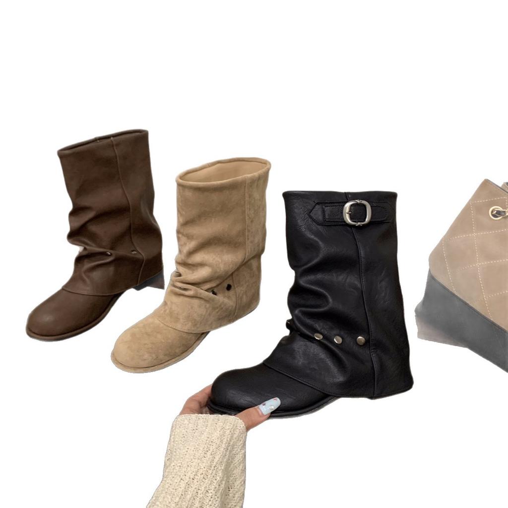 Podpatek Černé Martensky Dámské Boty 2025 Nové Jaro a Podzim Lokomotivní Střední Boty Kalhotové Boty se Sukní Krátké Boty