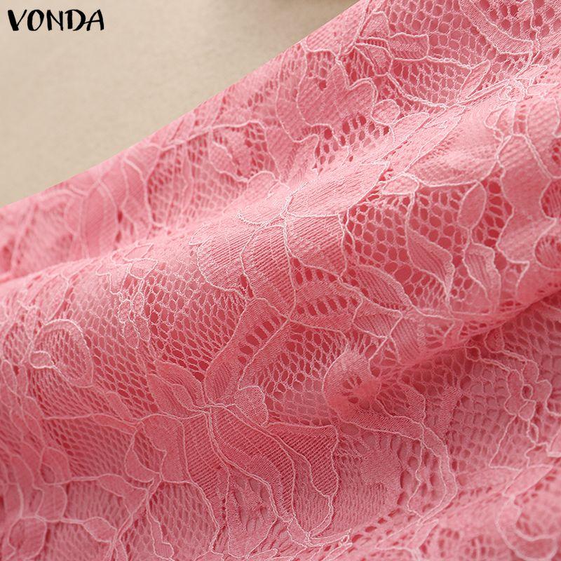 VONDA Women Casual Bow Knot Neck Long Sleeve Lace Crochet Patchwork Elegant Ruffled Dress
