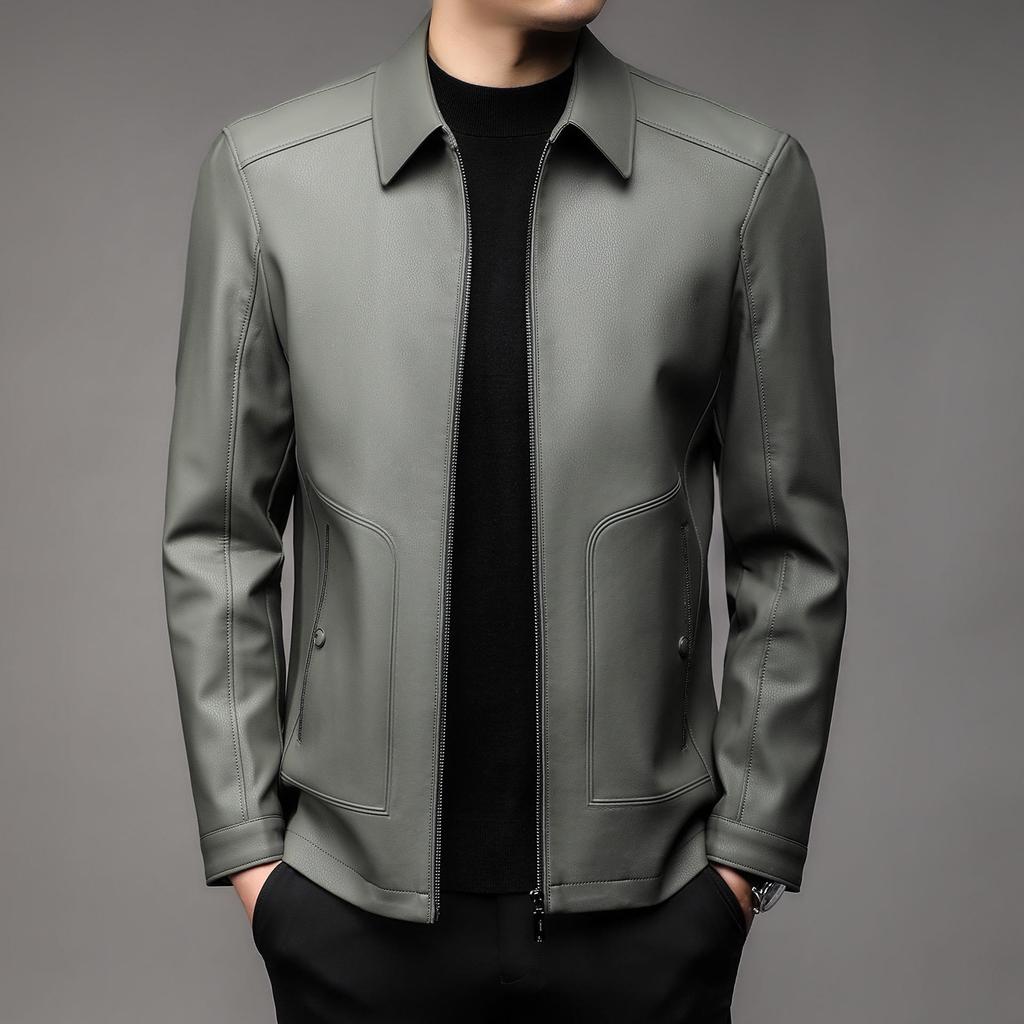 Pánská kožená bunda z ovčí kůže s límečkem pro střední věk - Neformální motorkářské svrchní oblečení ve stylu "táta" s podšívkou z plyše
