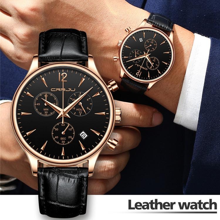 CRRJU New Leather Strap Men's Watch 2313 Steel Strap Watch Simple Business Personality Men Fashion Waterproof