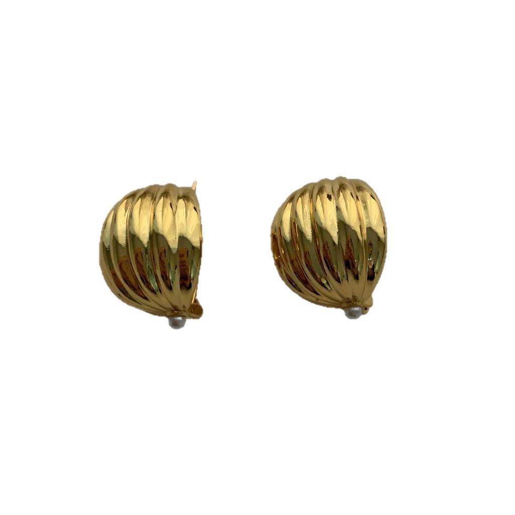 Gold Ribbed Texture Ear Buckle Earrings Women'S Three-Dimensional Texture Light Luxury Retro High-End Sense Round Personalized Earrings