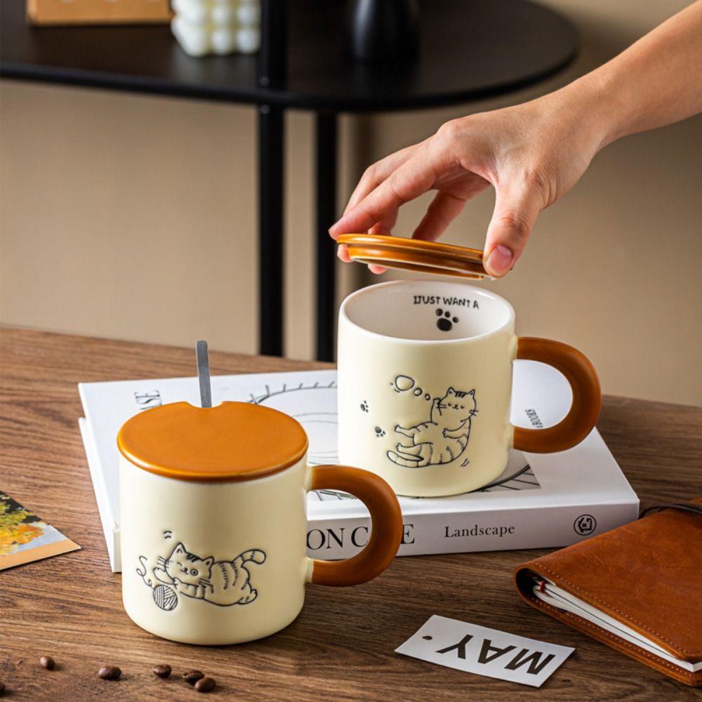 Hand Drawn Ceramic Coffee Cup with Spoon Water Cup with Lid Cartoon Cat Drinkware  Milk