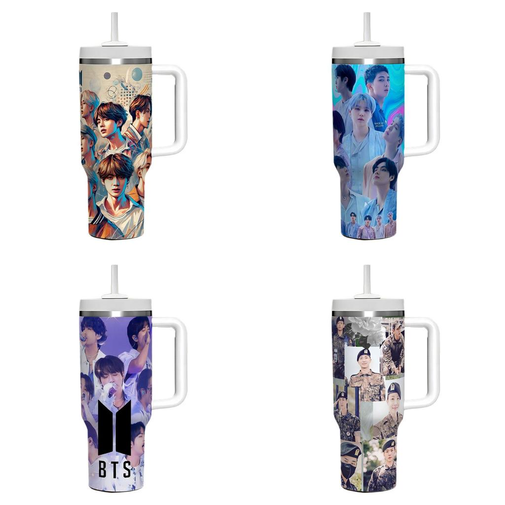 Bts 40oz Auto Reismok Met Handvat En Rietjes Draagbare Geïsoleerde Fles Voor Dagelijks Gebruik