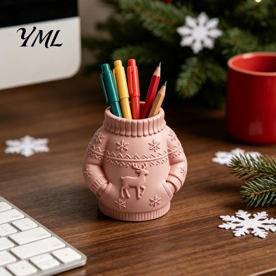 Unique Holiday Gift for Office 3D Printed Sweater Pen Holder, Creative Desk Organizer with Elk Snowflake Relief Home Matte Texture Storage School