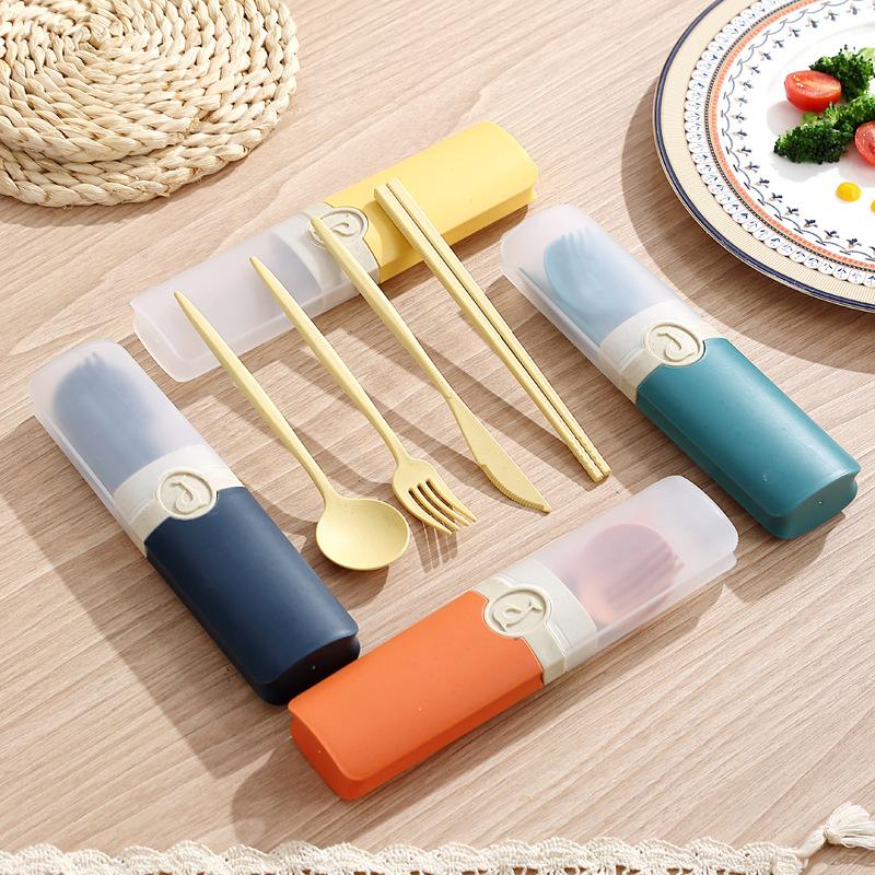 Wheat Straw Portable Cutlery Set with Storage Box Reusable Spoon Fork Chopsticks Travel Tableware Kit Utensils for Students