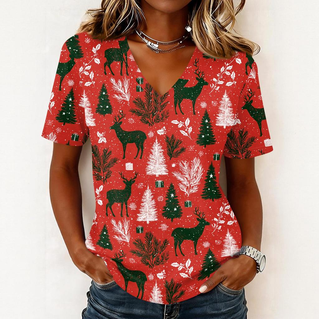 Women's Casual Short Sleeve V-Neck Christmas Print Pullover Top