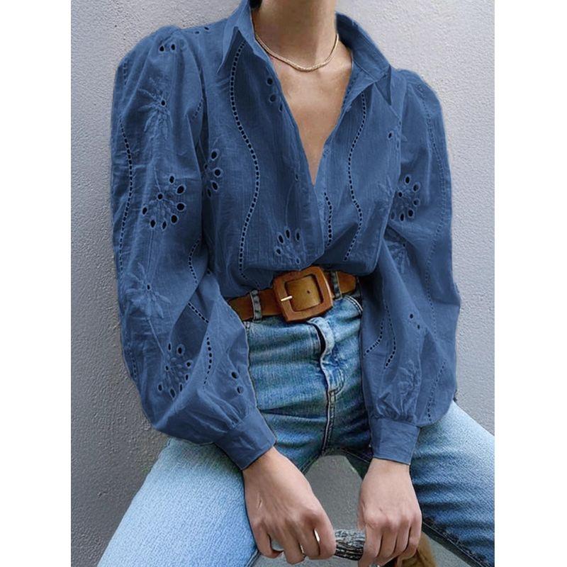 Hollow out Bubble Sleeve Lapel Shirt Pure Color Cut Out Puff Sleeves Lapel Shirt