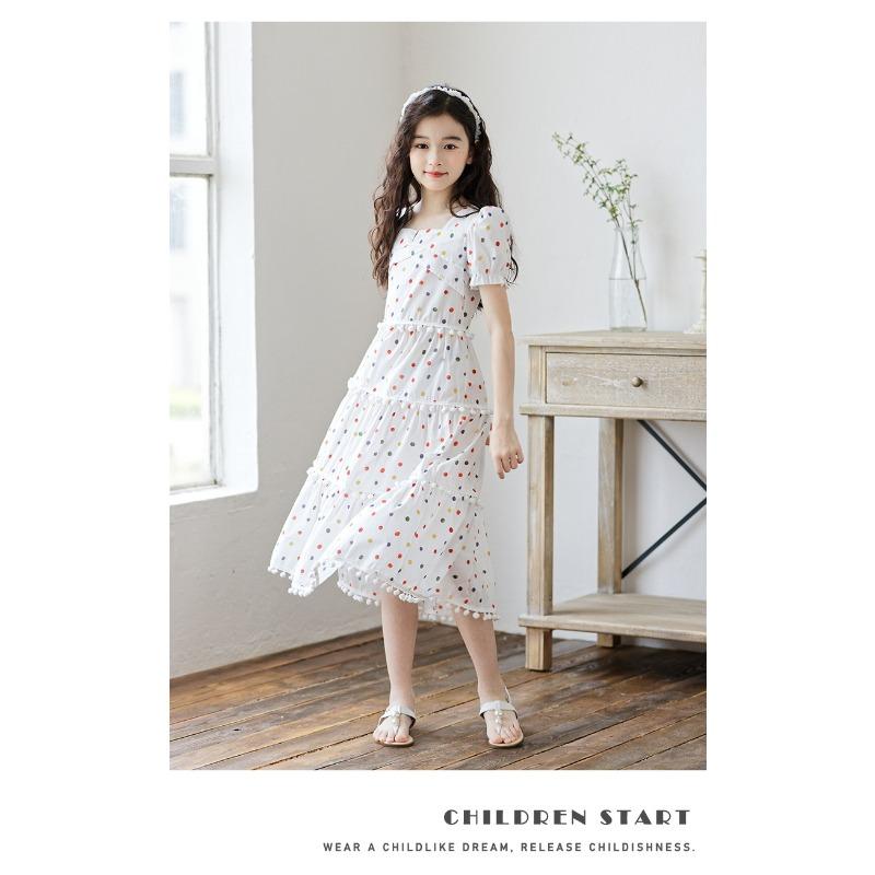 Kids Big Girls Korean Style Polka Dot Short Sleeve Fringe Hem Long Princess Dress