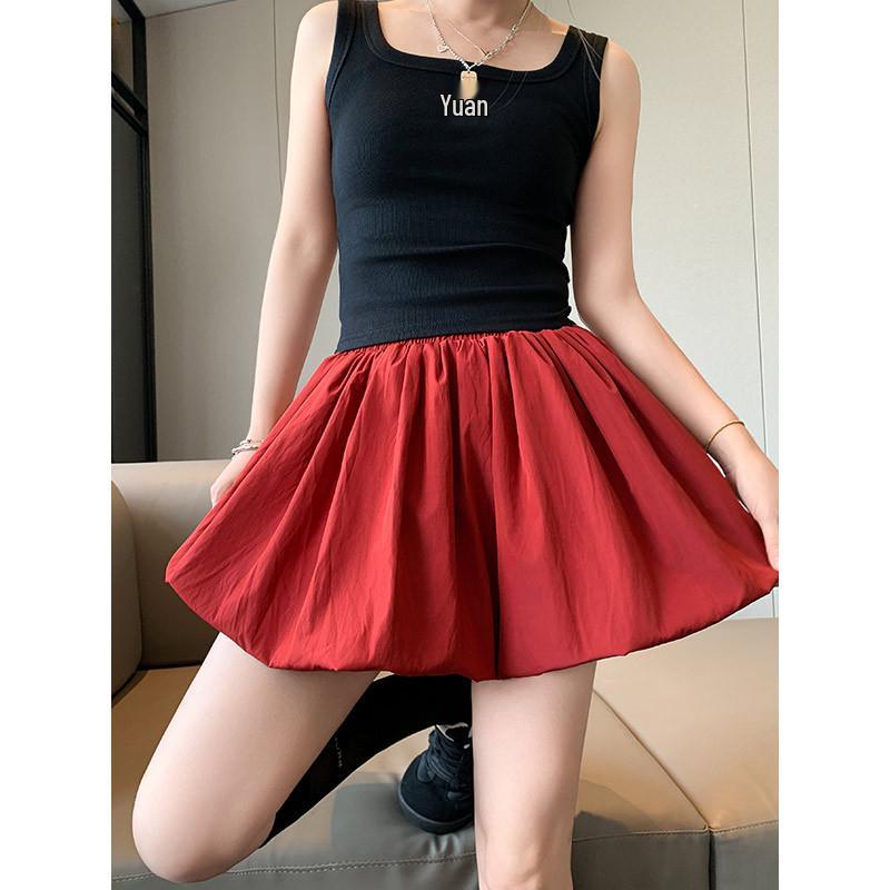 Red Petite Puffy Short Skirt: Spring/Summer Floral Puff Skirt with Pumpkin Pants Style