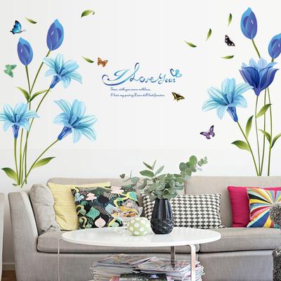 Blue Lily Wall Stickers Self Adhesive Removable Flower Decals for Living Room Bedroom Hallway TV Background Home Decor