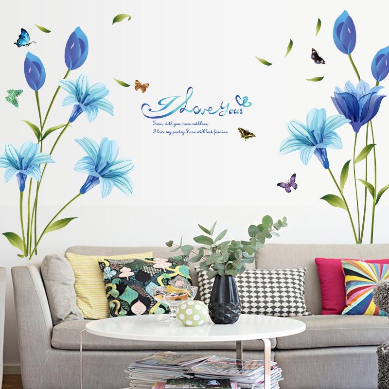 Blue Lily Wall Stickers Self Adhesive Removable Flower Decals for Living Room Bedroom Hallway TV Background Home Decor