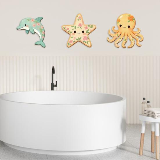 3 Piezas Arte de Pared Temática Playa Océano, Estrella de Mar de Madera 2D Delfín Pulpo Escultura Colgante de Pared para Casa de Campo, Baño, Decoración de Dormitorio