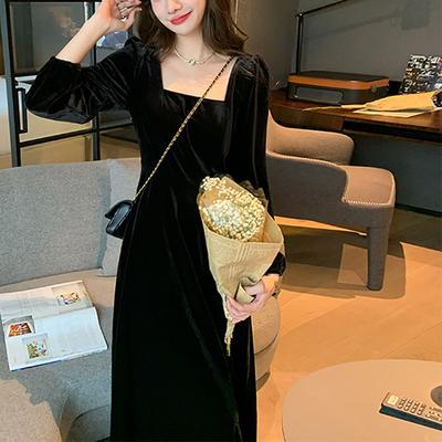 Rochie de catifea cu mânecă lungă, rochie lungă de toamnă, cu guler pătrat, rochie neagră mică, nouă