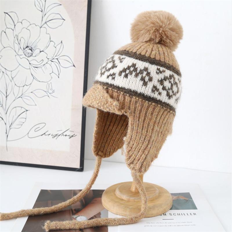 Autumn and Winter Warm Knitted Hat Women's Travel Versatile Bag Head Hat Cold Protection Ear Straps Wool Lei Feng Hat