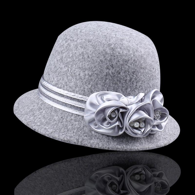 Vintage Silky Flower Hat Winter Warm Dome Hat Women Wool Cloche Hat Headwear