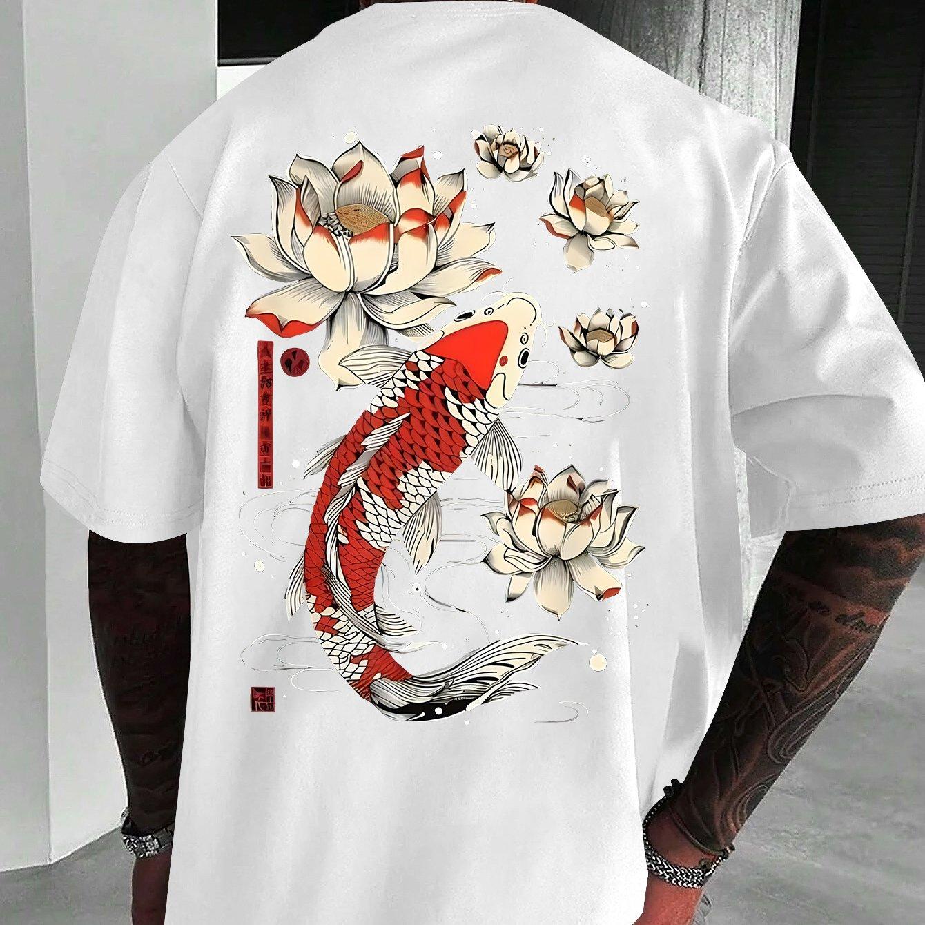 Men Japanese Koi Fish Graphic T-Shirt Navy Blue with Print Summer Tee for Beach Outfits Men Clothing S
