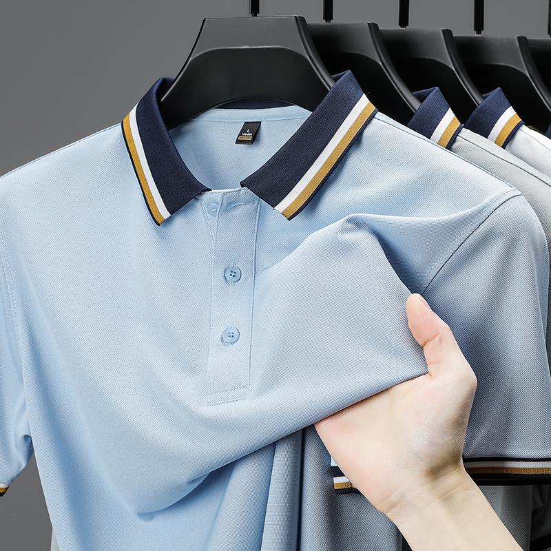 Luxury Fashion Short Sleeve Polo Shirt Men Summer High-end Ice Silk Breathable Personality Striped Color Matching Lapel T-shirt