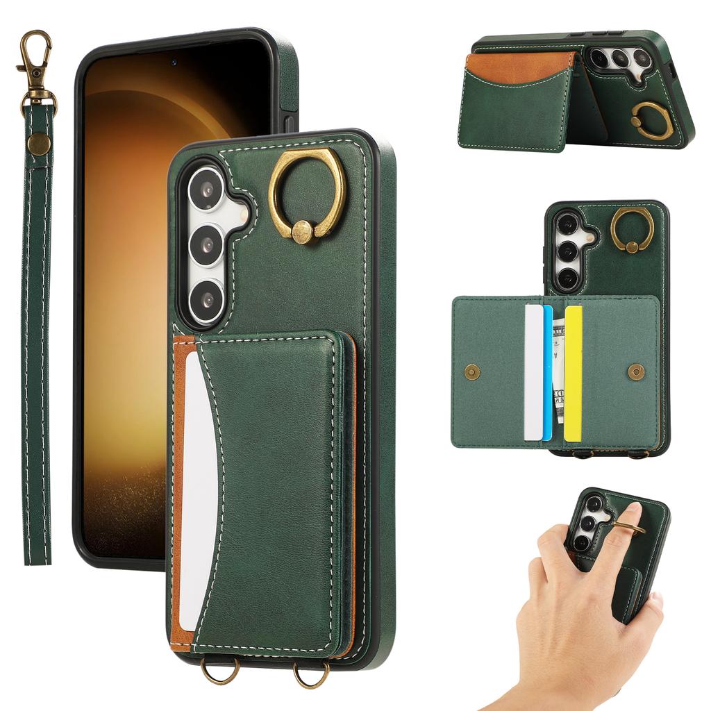 For Samsung Galaxy S24 PU Leather Back Case Card Holder Kickstand Phone Cover with Wrist Strap