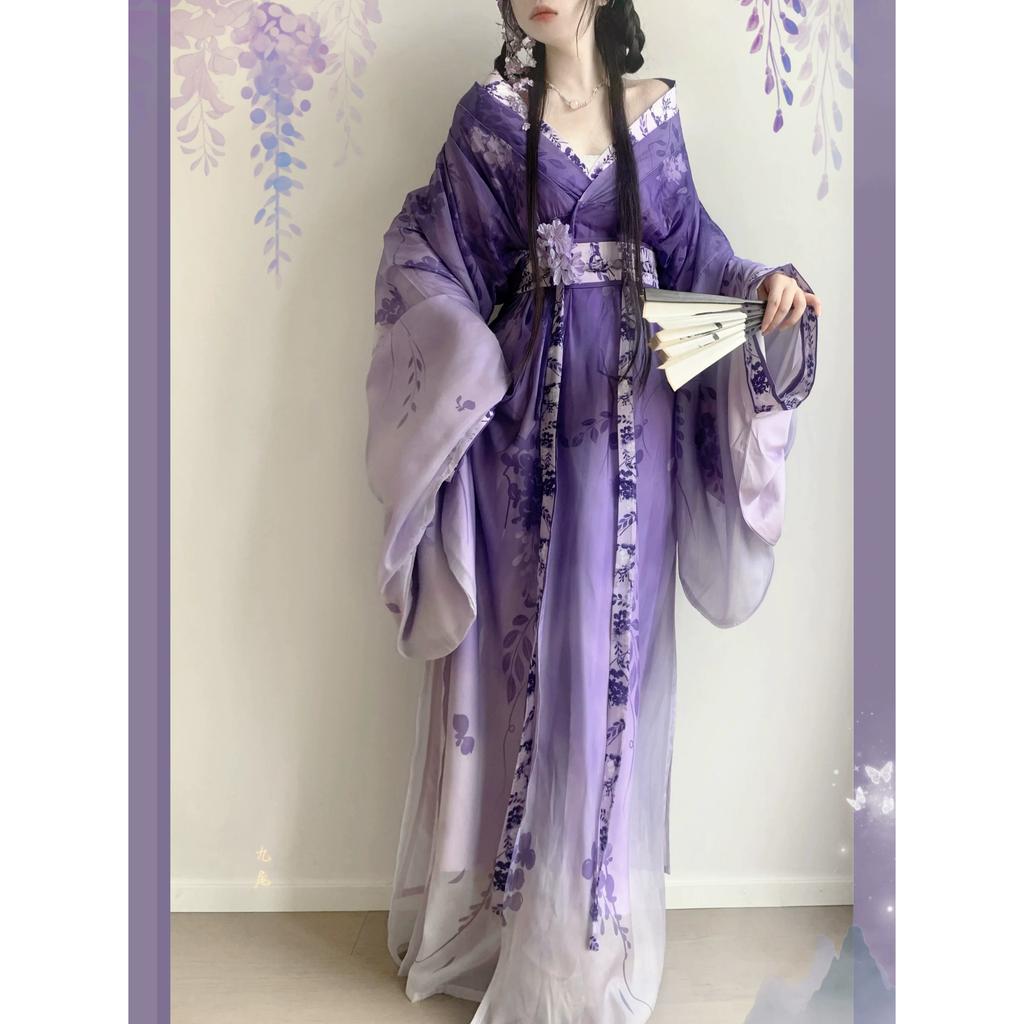 Restored Chinese Wei And Jin Dynasty Style Hanfu For Women, Warring States Robe With Trailing Collar Suit