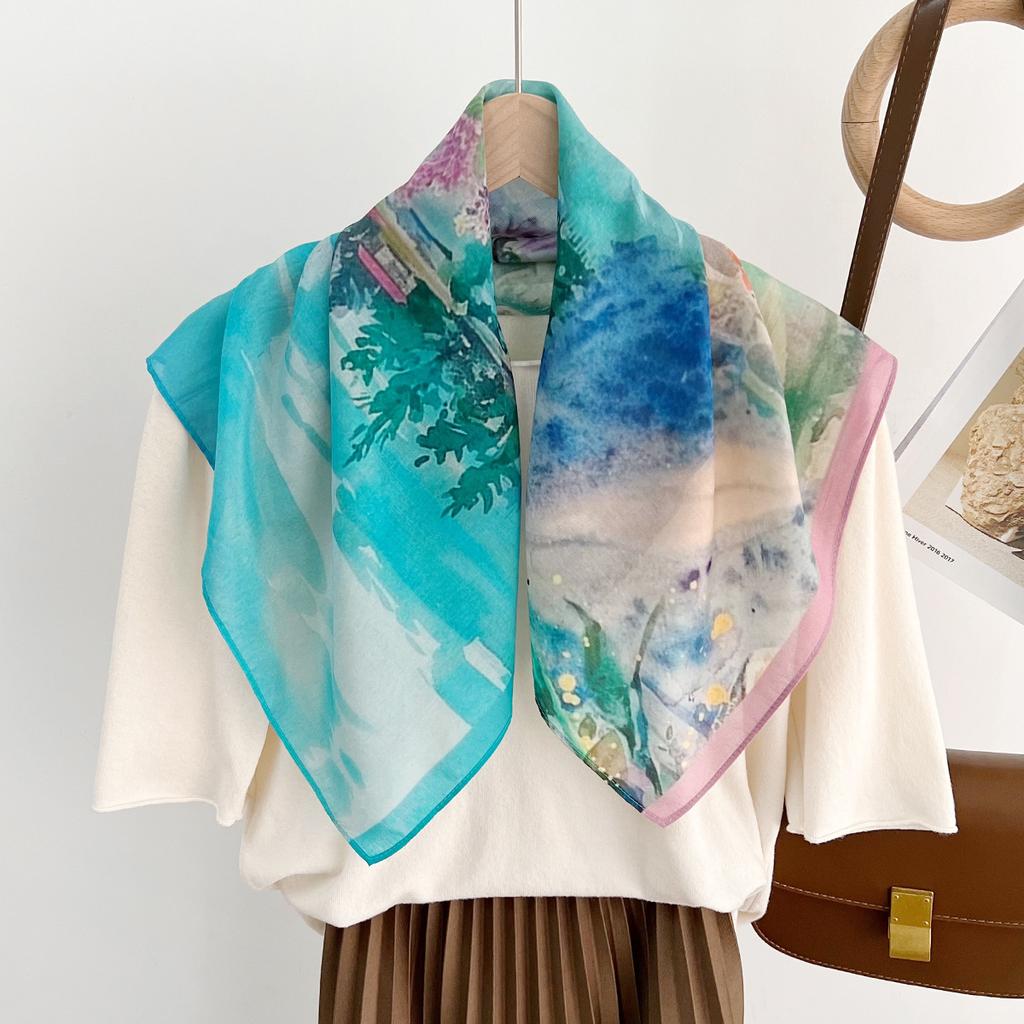 Sommer Leicht Und Atmungsaktiv 65 * 65cm Kleines Quadratisches Tuch Modisches Ausländisches Stil Muster Maulbeerseide Baumwolle Mischgewebe Damen Seidentuch