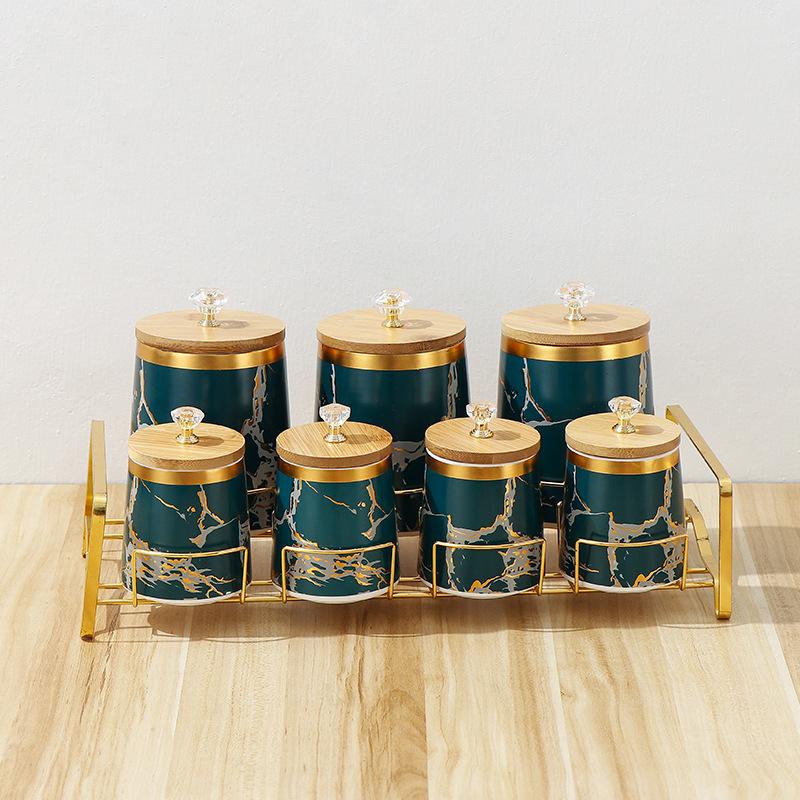 Ceramic Storage Jar 7 Piece Set Airtight Jar with Wooden Lid Storage Tank Food Storage Box Tea Caddy Spice Jars Kitchen Storage