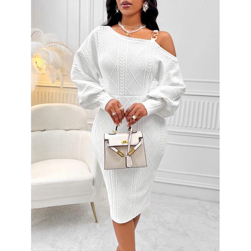 

European and American One-Shoulder Lantern Sleeve Solid Waist Hugging Sheath Dress Sexy Style Women clothes Package Hip Dress Beige White S