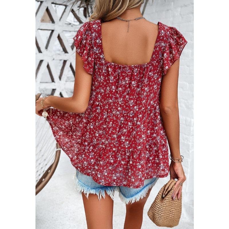 Women's Summer Casual Floral Square Collar Top with Short Sleeves