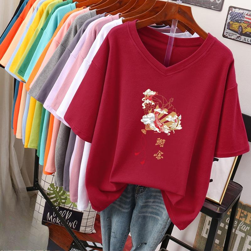 Kurzärmeliges T-Shirt, Locker sitzend, Schlankmachendes bedrucktes V-Ausschnitt-Top für Damen