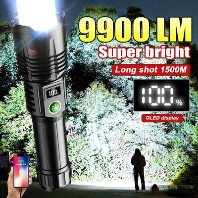 Linterna ultra potente de 9900 lúmenes, recargable por USB, 80 W, LED, potente luz de flash para acampar al aire libre.