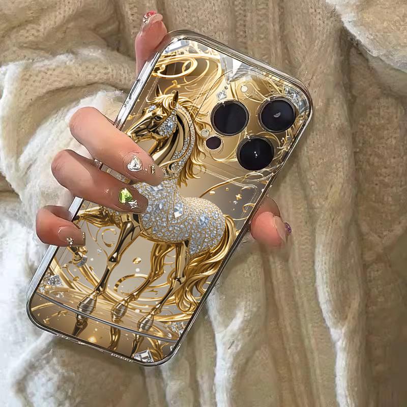 Luxury Golden Horse Art Phone Case for iPhone 17 16 15 14 13 12 11 Series Pro Max Plus