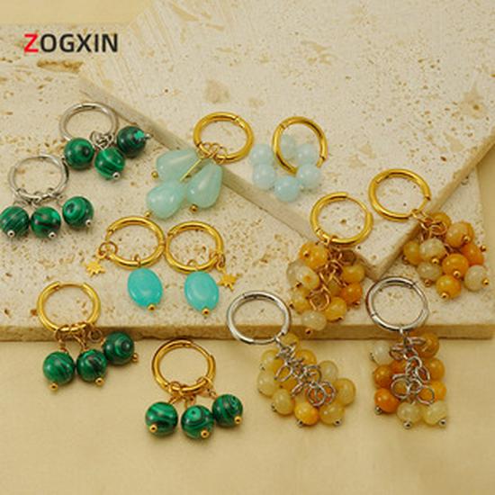 European & American 18k Gold Stainless Steel Blue Turquoise Fan-Shaped Drop Earrings