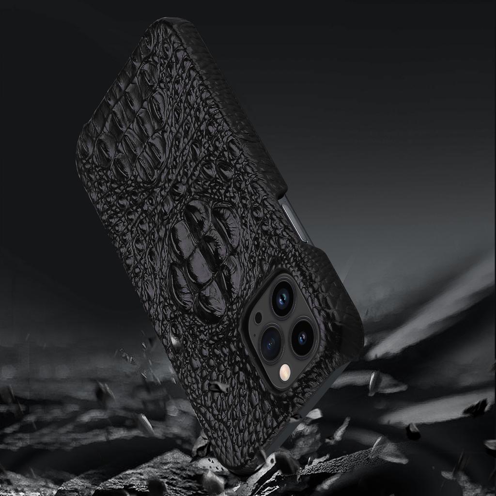 Genuine Cowhide Leather Case for IPhone 14 15 16 Pro Max Crocodile Skull Back Cover