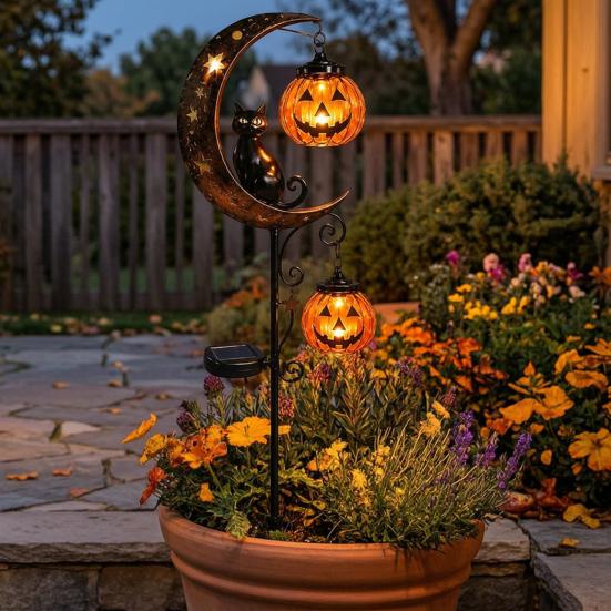 Decorative Metal Yard Stakes Solar Halloween Garden Stake Light, Auto On/Off Crescent Moon Black Cat with Hanging Waterproof Wrought Iron