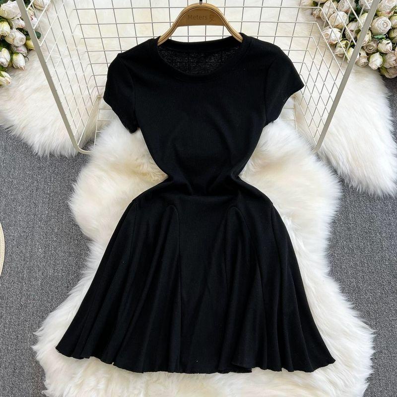 

Summer K-style Fashion Pure Color A- line Dress Short Sleeve Black All yards