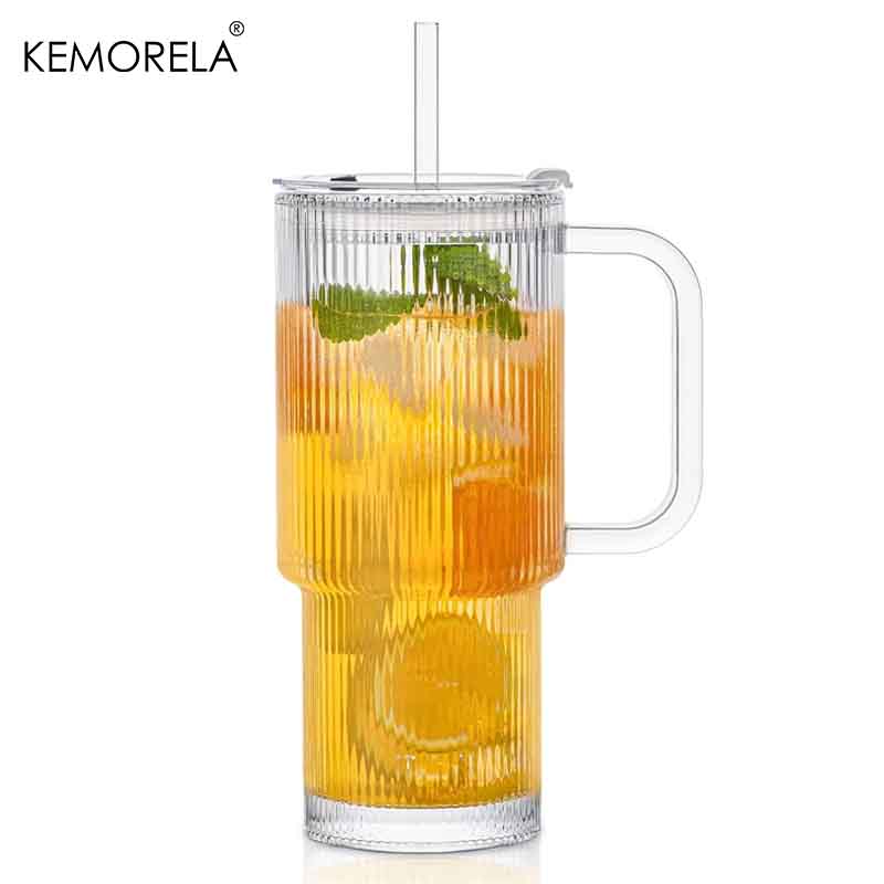 760ML Ribbed Glass Tumbler with Handle Lid 1/2PCS Large Iced Coffee Cups with Straws Modern Glass Mug for Cold & Hot Beverages 760ml