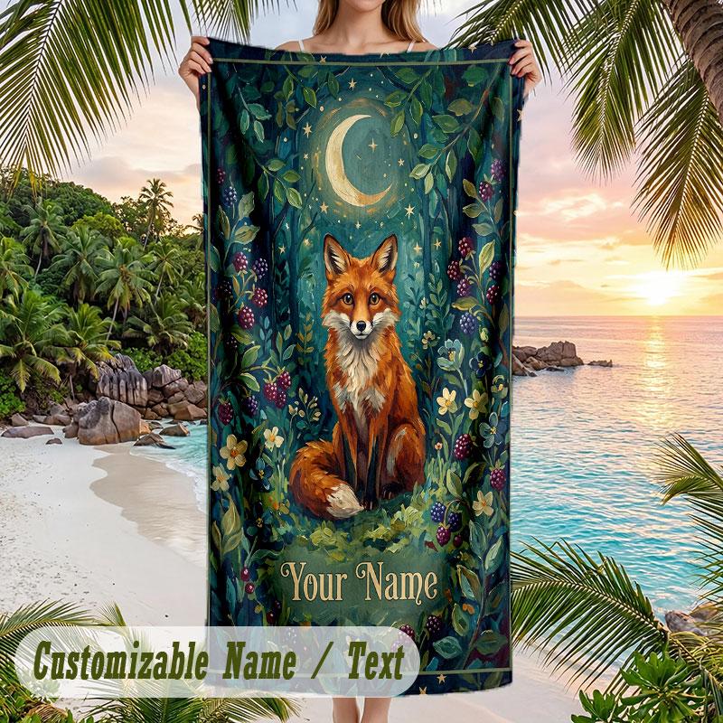 Moonlit Forest Whispers Theme Quick Dry Beach Towel Custom Name Text Print Large Sand Resistant Towel Beach Vacation