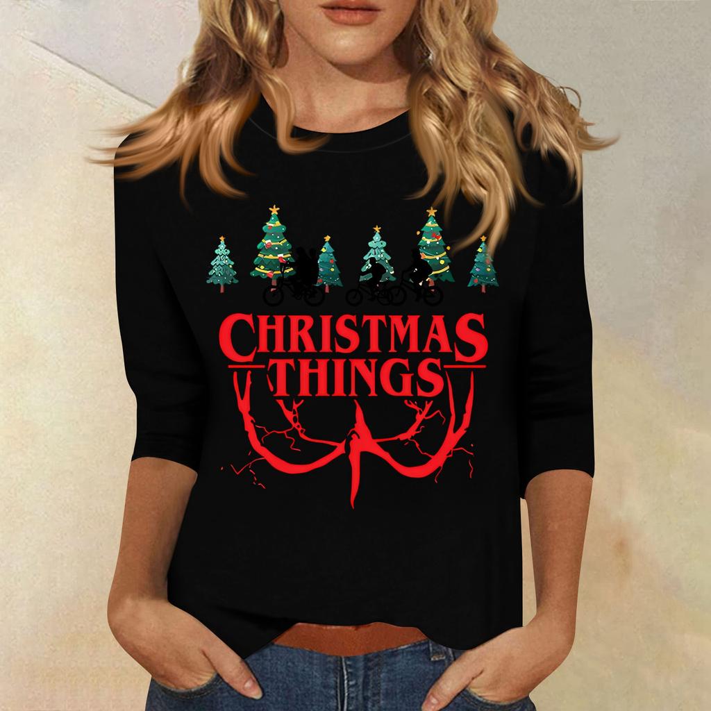 3/4-Ärmel Oberteile für Damen T-Shirt Lässig Print Oberteile T-Shirt Rundhals Pullover Bluse